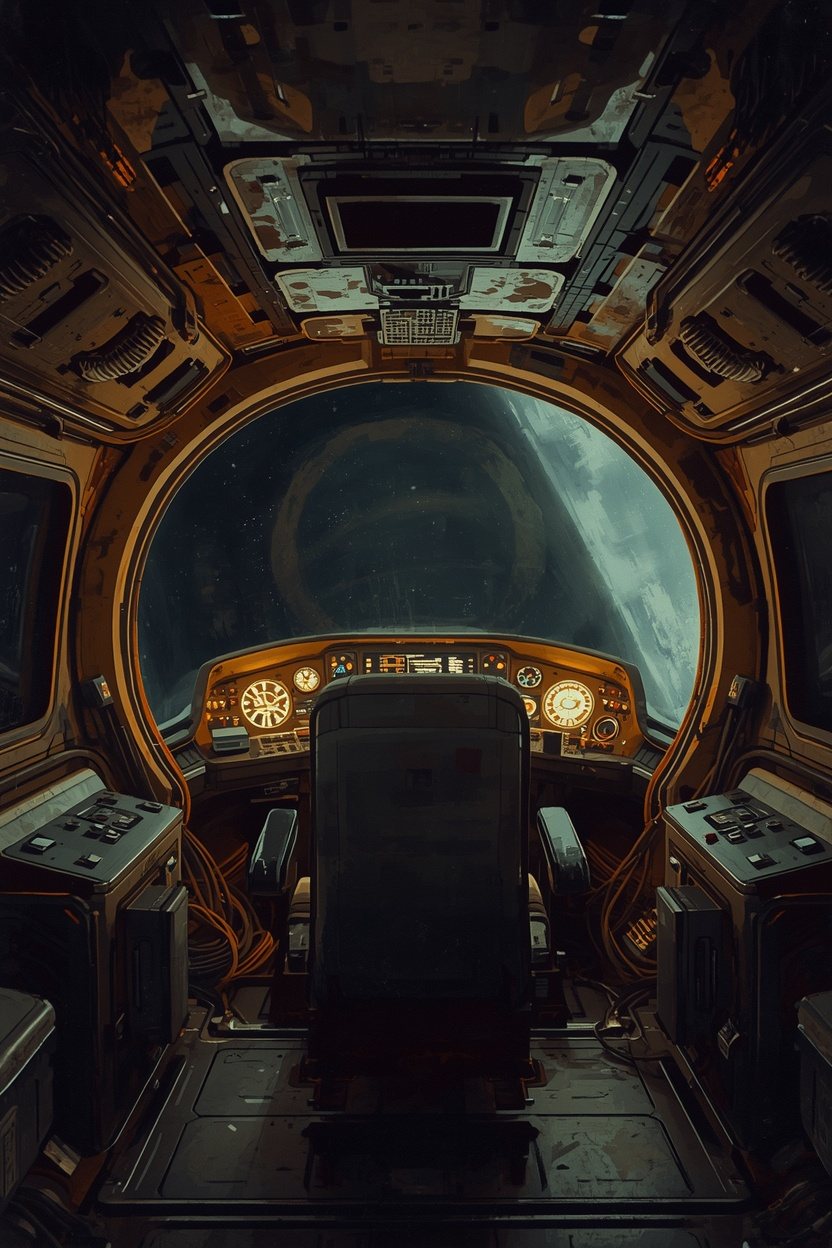 The cockpit of a small, patched exploration ship, a lone pilot's seat facing a round window onto a planet